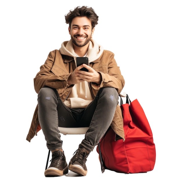 man in jas shirt zitten vasthouden in de hand gebruik mobiele mobiele telefoon