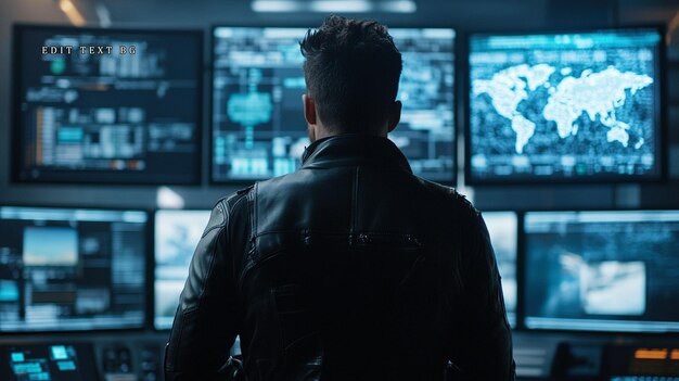 Man in leather jacket monitoring multiple screens displaying data and world map in a control room