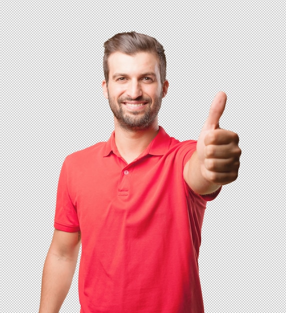 Man in rood shirt doen duimen omhoog