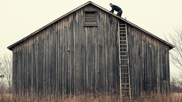 man inspecting weathered wooden barn roof via ladder