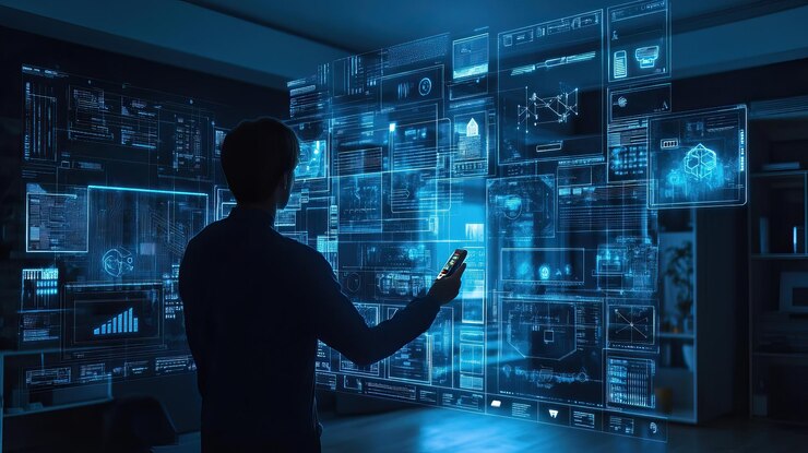 PSD man interacting with holographic data