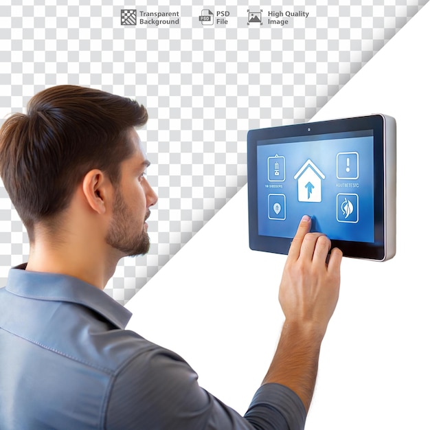 man interacting with smart home device controlling technology with touch screen
