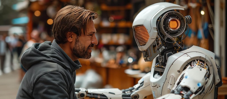 PSD man interacts with a futuristic robot