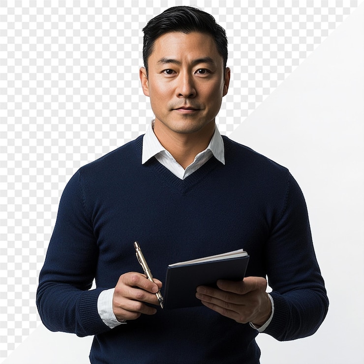 PSD 한 남자가 그의 손에 펜과 펜을 들고 있다.