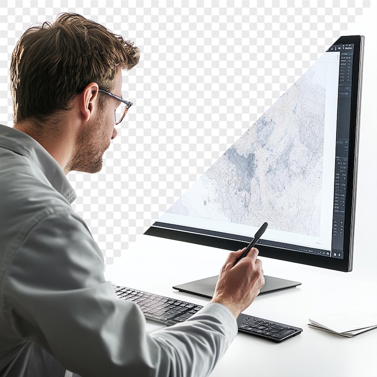 PSD a man is looking at a computer screen with a pen in his hand