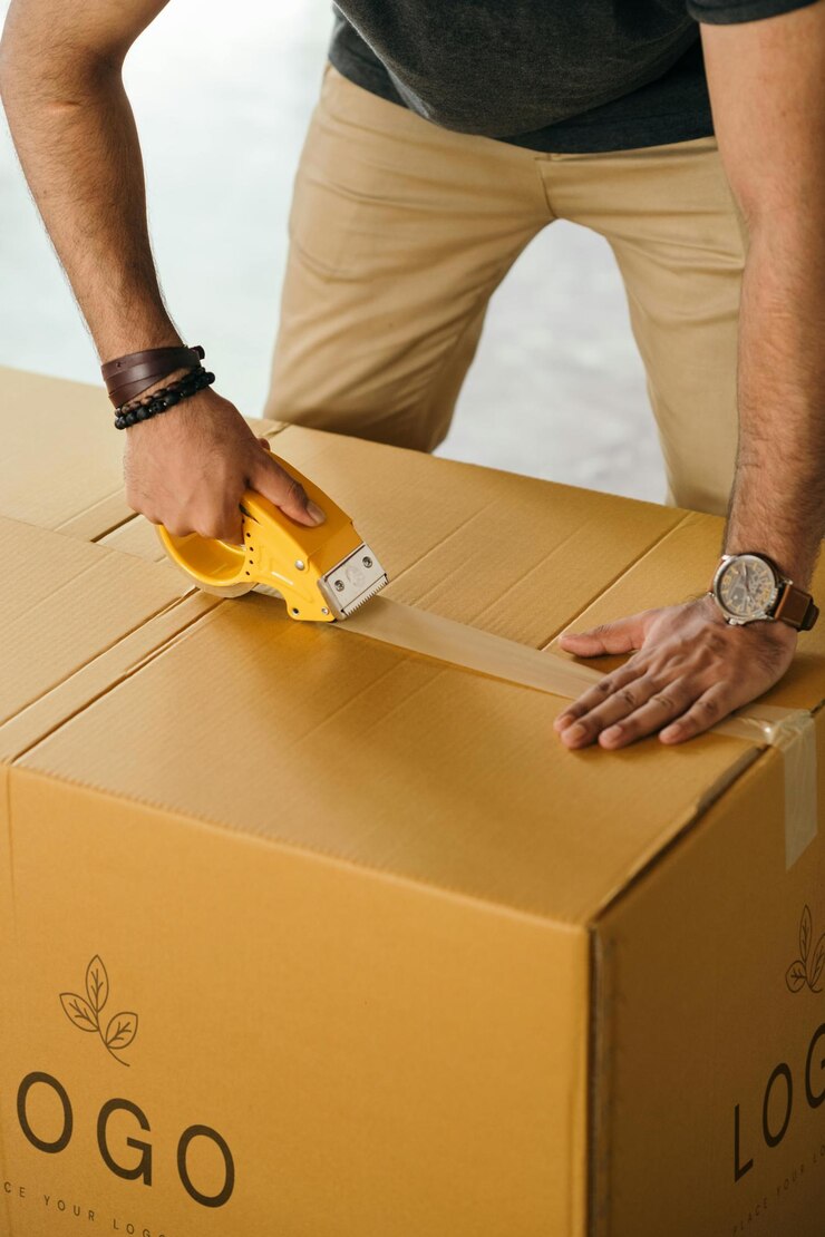 PSD a man is putting a yellow object on a box that says quot watch quot on it