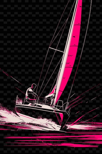 A man is sailing a boat with a pink light on the bottom