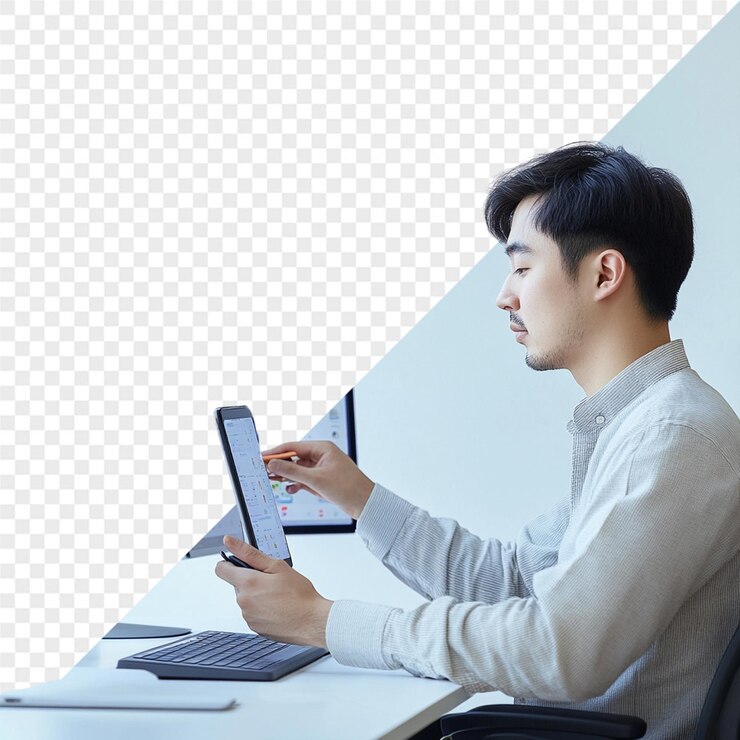 PSD 한 남자가 그의 앞에 노트북과 태블릿을 가지고 책상에 앉아 있습니다.