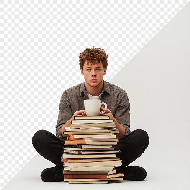 PSD a man is sitting on the floor with a stack of books