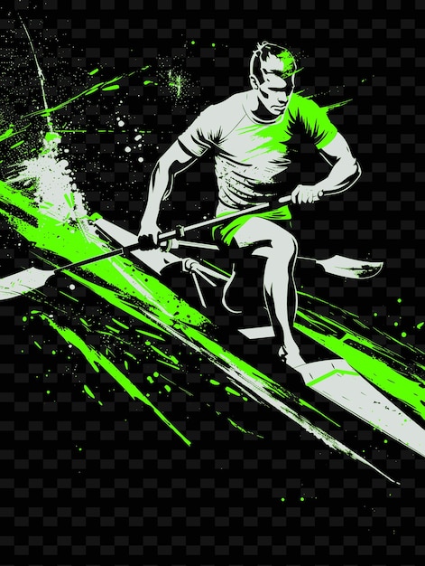 A man is on a ski with a green and black background