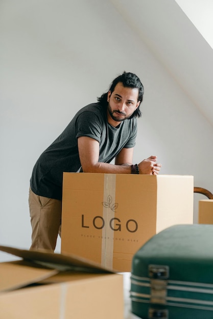 a man is standing in a box that says logo on it