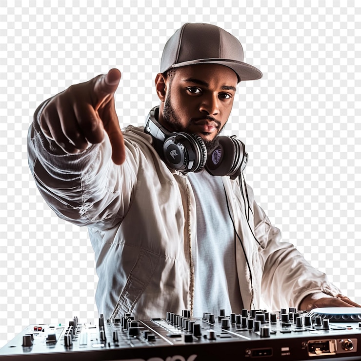 PSD a man is standing in front of a dj  s keyboard