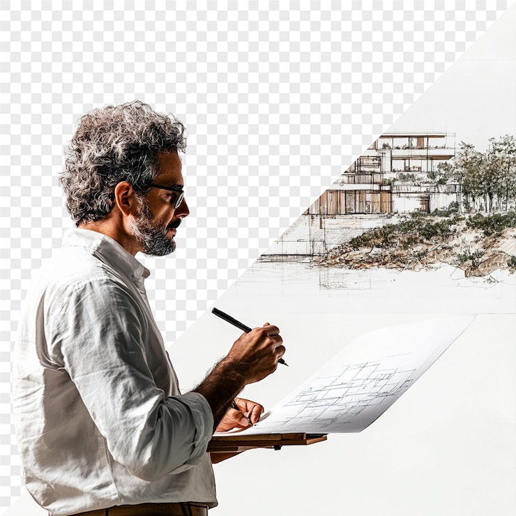 PSD a man is standing in front of a drawing that says quot a house quot