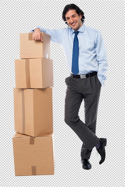 a man is standing on top of boxes that are stacked up