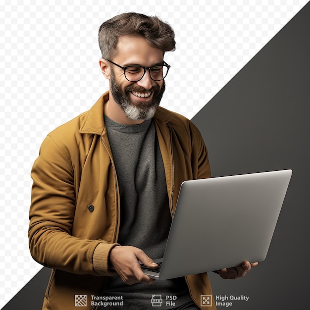 A man is using a laptop with a picture of a man on it.