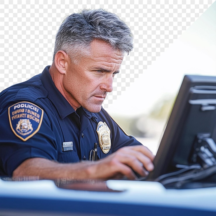 PSD a man is using a laptop with a picture of a police officer on it
