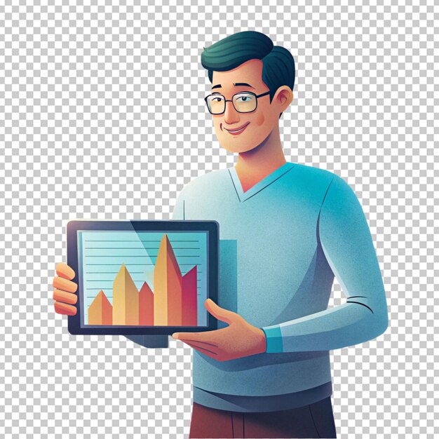 a man is using a tablet with a graph on it