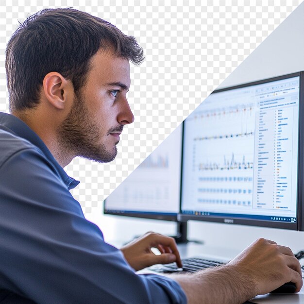 a man is working on a computer with the screen showing a graph