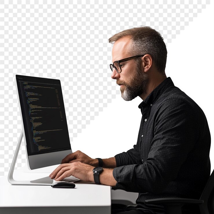 PSD a man is working on a computer with the word quot at the top quot