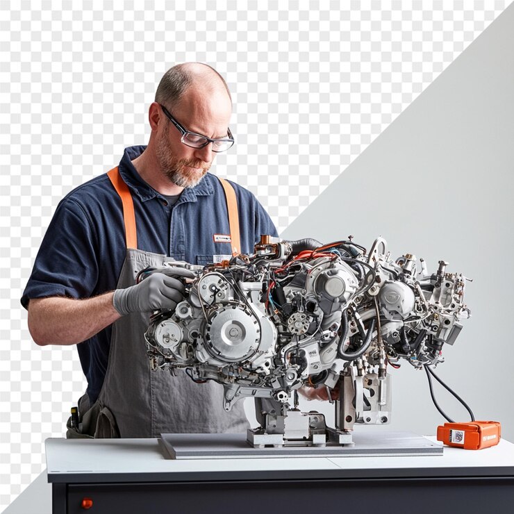 PSD a man is working on an engine that is made by a company