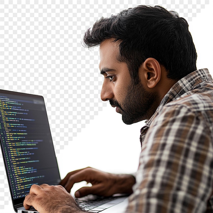 PSD a man is working on a laptop with the word code on it