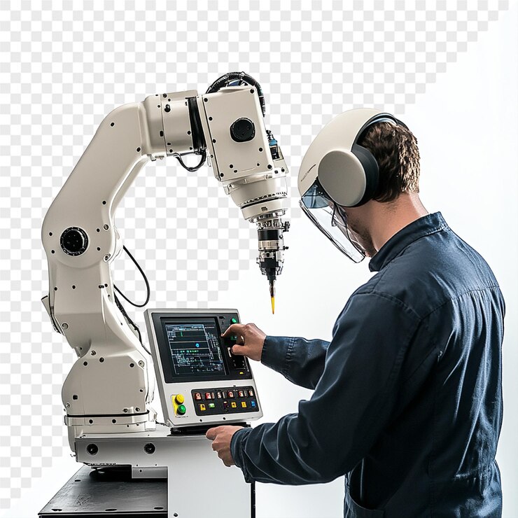 PSD a man is working on a white robot with a laptop on it