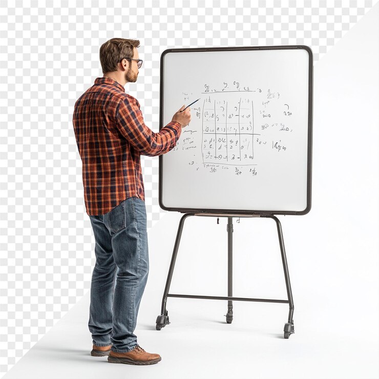 PSD a man is writing on a white board with the word quot f quot on it
