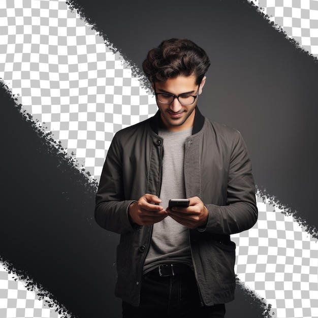 A man in a jacket and glasses is looking at a phone.