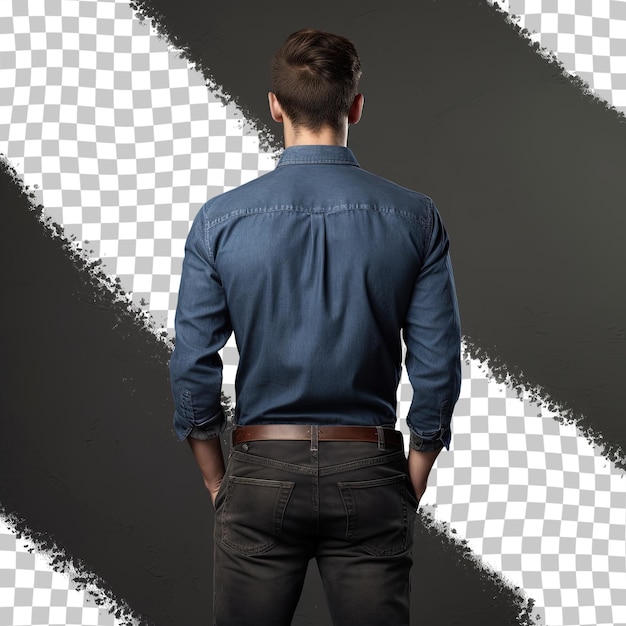 PSD man in jeans standing with hands in pockets wearing blue shirt isolated on transparent background