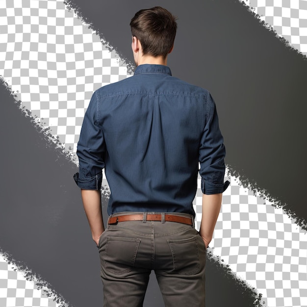 PSD man in jeans standing with hands in pockets wearing blue shirt isolated on transparent background