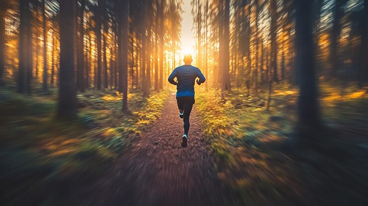 PSD man jogging on forest path at sunrise motion blur effect