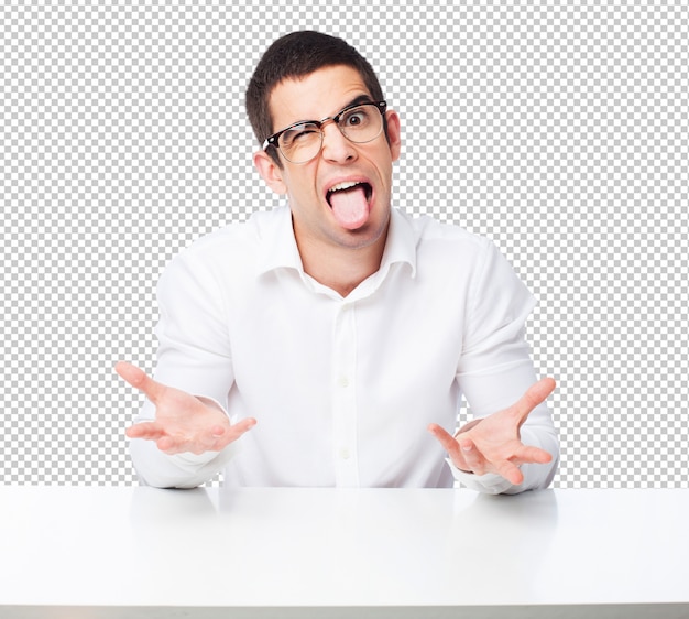 Man joking on table