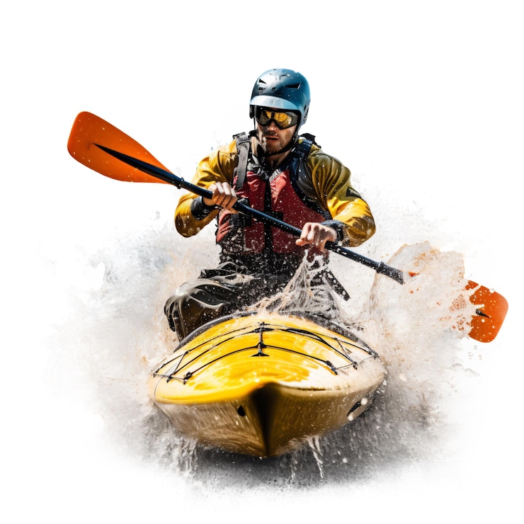 PSD man in kayaking with water splash on white background ai generated image