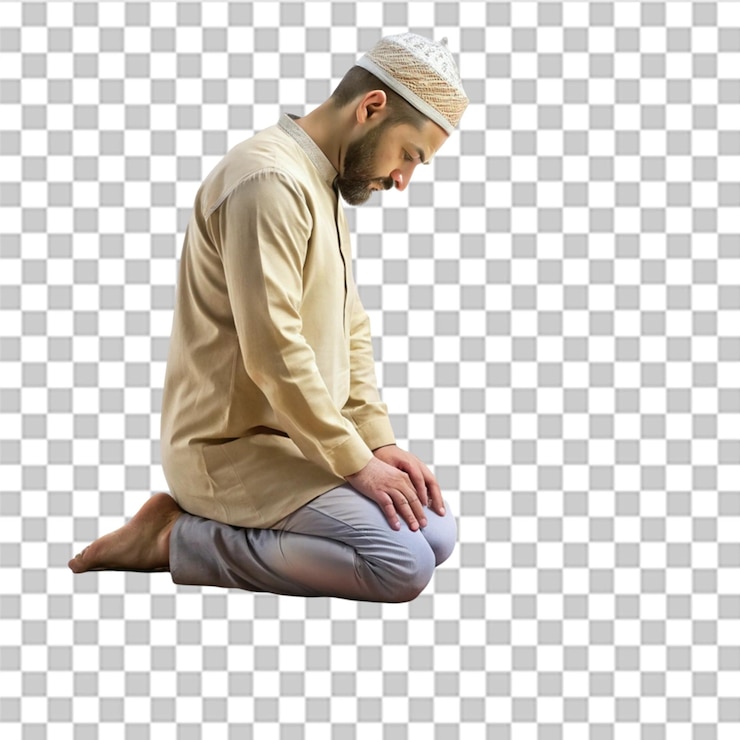PSD man kneeling on prayer rug isolated on transparent background