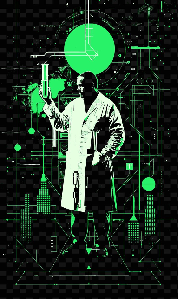 PSD man in a lab coat holding a test tube futuristic cityscape i png poster background designs