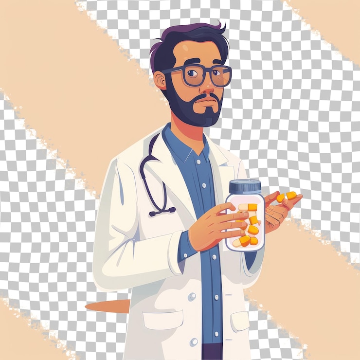 PSD a man in a lab coat is holding a can of pills