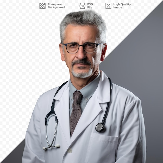 PSD a man in a lab coat stands in front of a picture of a man in glasses.