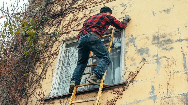 PSD man on ladder repairing old building exterior