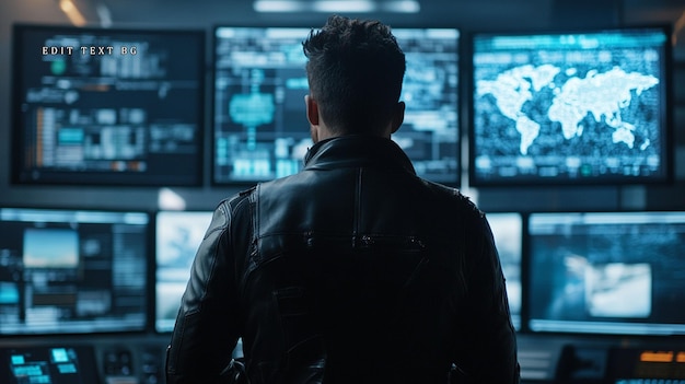 man in leather jacket monitoring multiple screens displaying data and world map in a control room