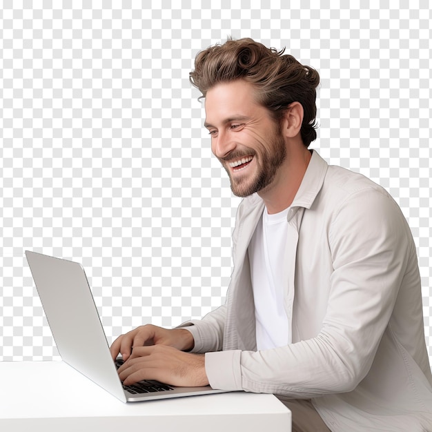 PSD un uomo che guarda il computer con il sorriso su sfondo trasparente psd