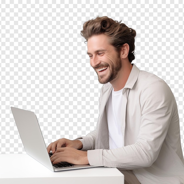 a man looking computer with smile on transparency background psd