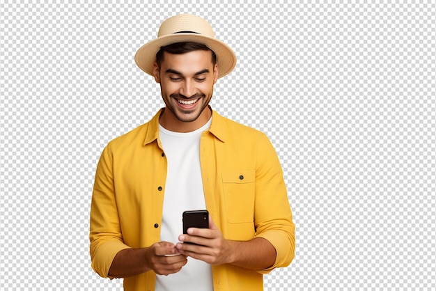 PSD man looking at his phone standing isolated on transparent background