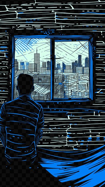 PSD man looking out of a window in a refugee shelter with a city psd poster banner design art refugee