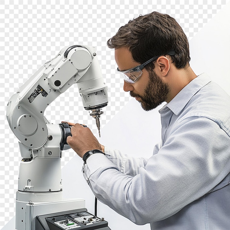 PSD a man looking at a robot with a microscope in his hand