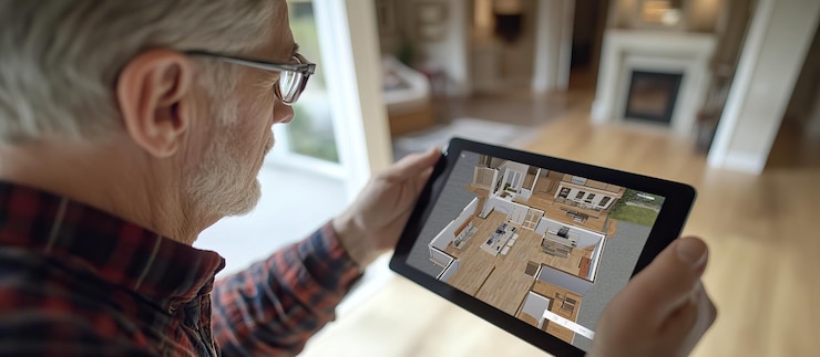 PSD man looking at a tablet with a 3d house plan