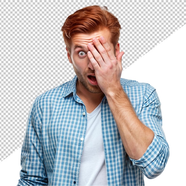 PSD man looking through his hands on transparent background
