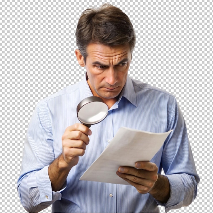PSD man looks at paper document through magnifying glass on transparent background