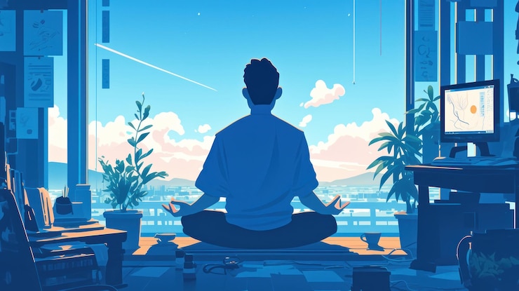 PSD a man meditating in a room with a view of a city and a sunrise with a computer monitor in the background