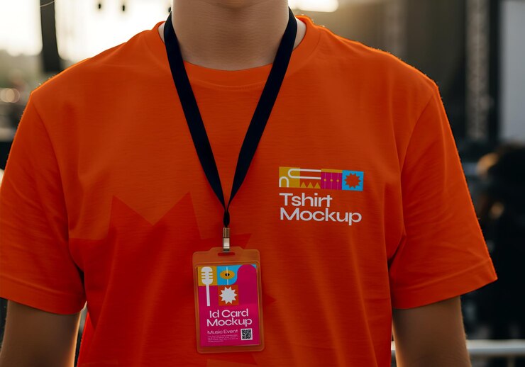 Man met een oranje T-shirt met een ID-kaart mockup