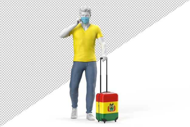 Man met gezichtsmasker trekt een koffer getextureerd met vlag van Bolivia 3D illustratie